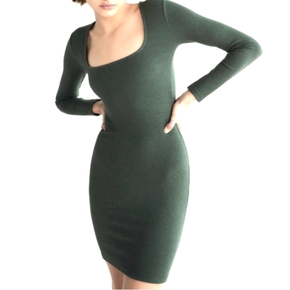 Zara Ribbed Knit Green Long Sleeve Bodycon Dress Sz L - Picture 1 of 4